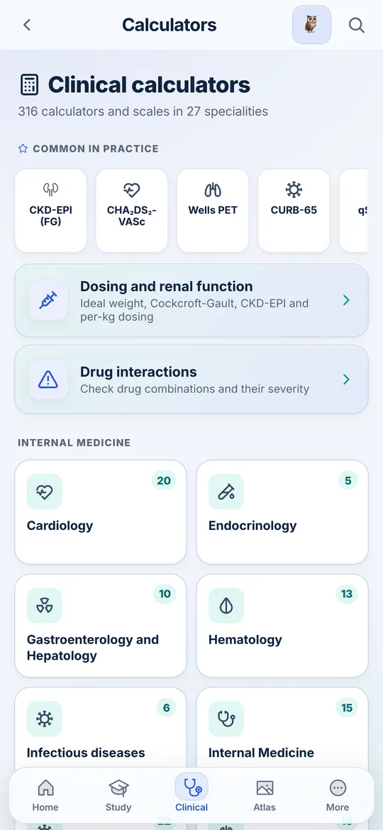 Clinical calculators by specialty